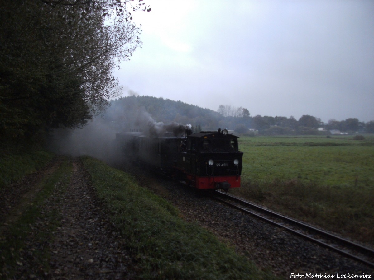 99 4511 unterwegs nach Garftitz. Hier fhrt der Sonderzug-GmP bei Serams vorbei am 12.10.14