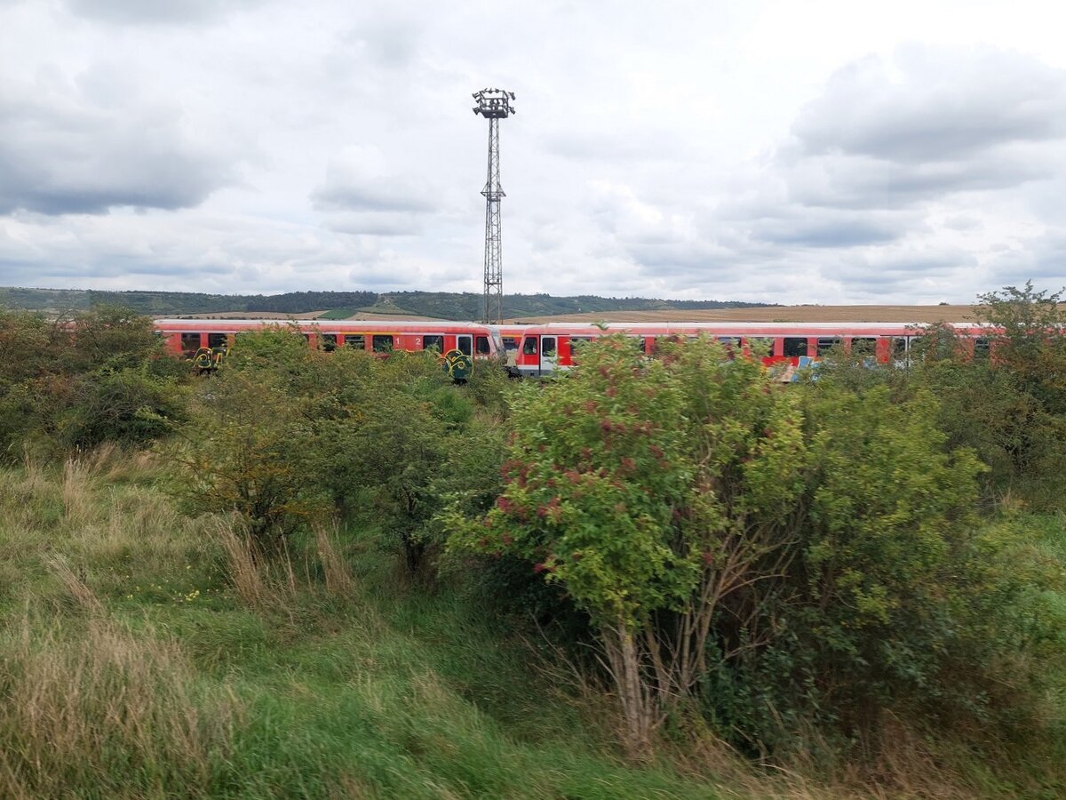 Abgestellte 628 beim DB Stillstandsmanagement am 22.08.2021 in Karsdorf. (Foto: Holger Possnien) 