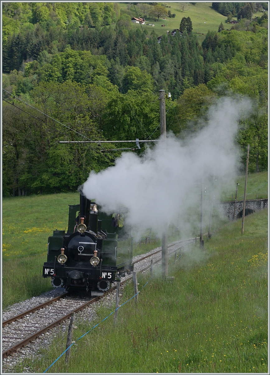 Allein dampft die LEB G 3/3 N° 5 der Blonay-Chamby Bahn bei Cornaux in Richtung Blonay.

22. Mai 2021