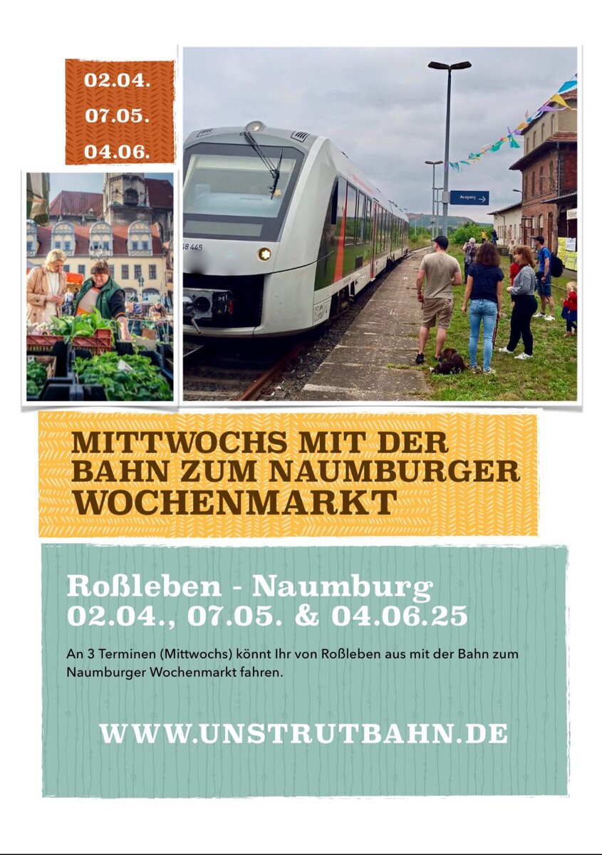 Am 01.03.2025 wurde erfreulicherweise der Zugverkehr auf der Unstrutbahn nach Beendigung der umfangreichen Bauarbeiten wieder aufgenommen. Mit dem neuen Betreiber  Start Mitteldeutschland  m�chte die IG Unstrutbahn e.V. deshalb auch 2025 wieder zahlreiche Sonderfahrten realisieren. Es wird dieses Jahr erstmals einen  Markt-Express  geben, mit es m�glich ist ab dem th�ringischen Ro�leben mit dem Zug �ber die Unstrutbahn zum Wochenmarkt nach Naumburg (Saale) zu fahren. https://naumburger-maerkte.de/maerkte.html. Er verkehrt jeweils Mittwoch den 02.04., 07.05. und 04.06.2025. Die Fahrzeiten und die �bersicht aller weiteren 2025 geplanten Fahrten gibt es hier: https://www.unstrutbahn.de/#zug

Zum Einsatz kommen Triebwagen der BR 1648 von Start Mitteldeutschland, die an den Tagen ab Wangen (Unstrut) als RB bis nach Ro�leben in Th�ringen verl�ngert werden.