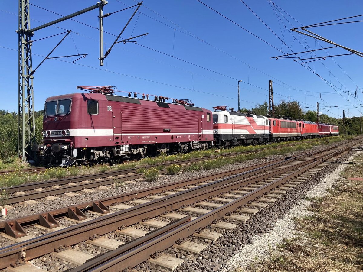Am 08.09.2025 pausierten die EBS/FWK Loks 243 936-2, 243 822-4, 155 196-9, 156 004-4, 250 195-5 und 155 119-1 in Naumburg (S) Hbf. (Foto: Bodo Zorn)