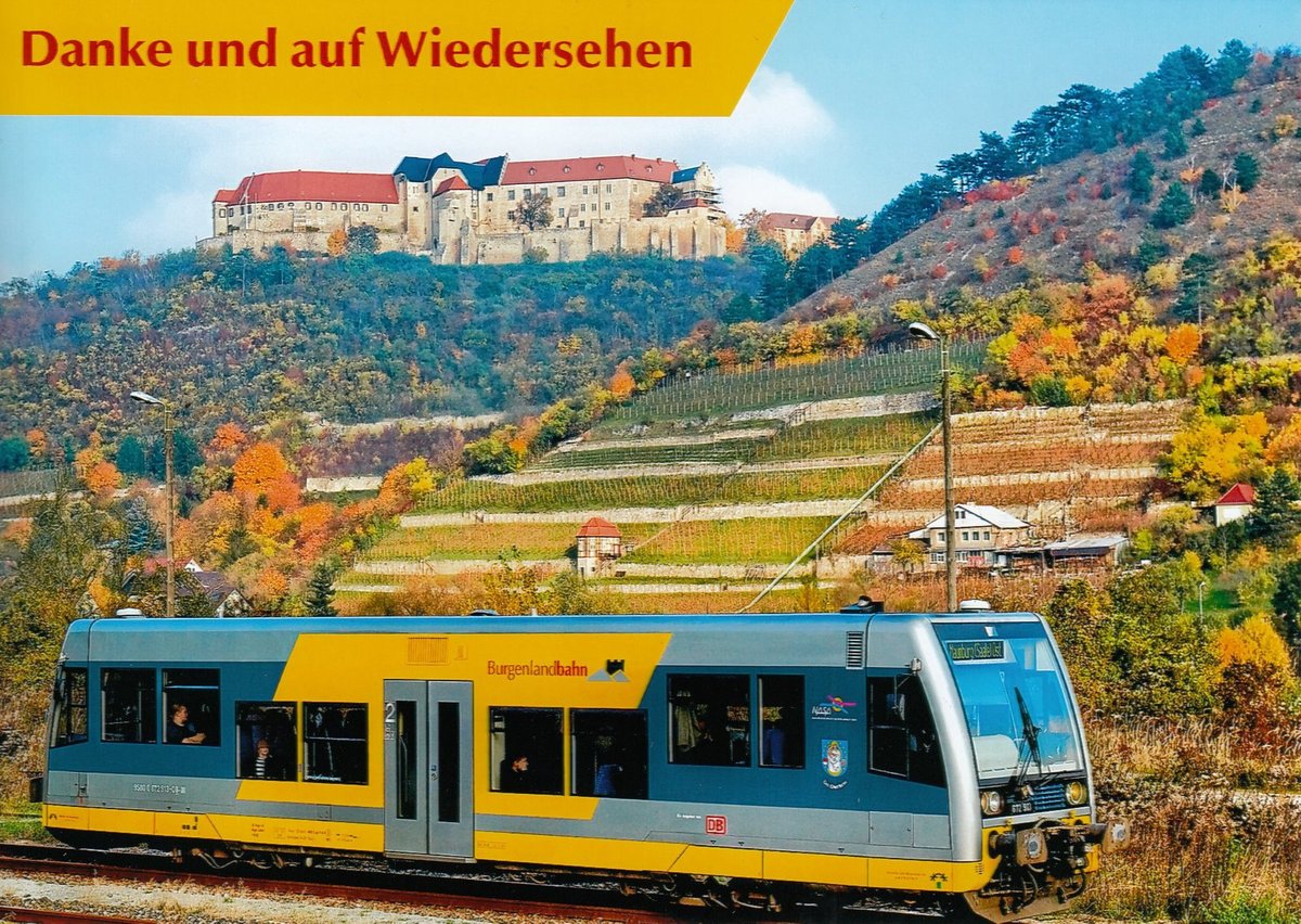 Am 08.12.2018 endete der Einsatz der Triebwagen der BR 672 auf der Unstrutbahn. Sie haben den Verkehr der letzten 21 Jahre auf der Unstrutbahn geprägt & viele Fahrgäste sicher befördert Wir sagen Tschüss & Danke Burgenlandbahn und wünschen den Mitarbeitern alles Gute für die Zukunft.