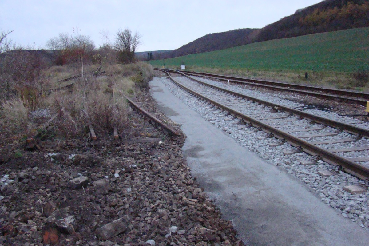 Am 09.11.2015 waren die Bauarbeiten am Ostkopf des Lauchaer Bahnhofs bereits abgeschlossen. Nach dem Ausbau von Weichen, hat der Bahnhof Laucha nur noch 2 Weichen in Betrieb für das Überholgleis in Betrieb. Früher waren es mindestens 26 Weichen. Auch die Doppelkreuzungsweiche am ehemaligen Ablaufberg am Ostkopf ist zertrennt. (Foto: Günther Göbel)