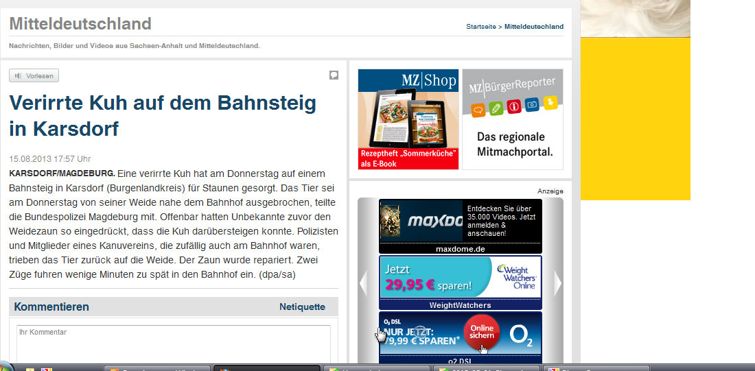 Am 15.08.2013 verirrte sich ein Kuh auf den Bahnsteig in Karsdorf. Quelle: mz-web.de