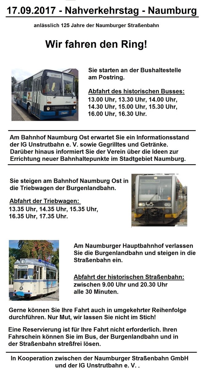 Am 17.09.2017 findet zum 125. Geburtstag der Naumburger Stra�enbahn ein Nahverkehrstag statt.