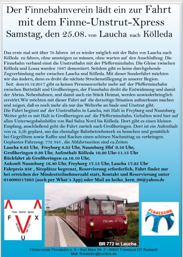 Am 25.08.2018 verkehrt der nächste  Unstrut-Finne-Express  auf der Unstrutbahn.