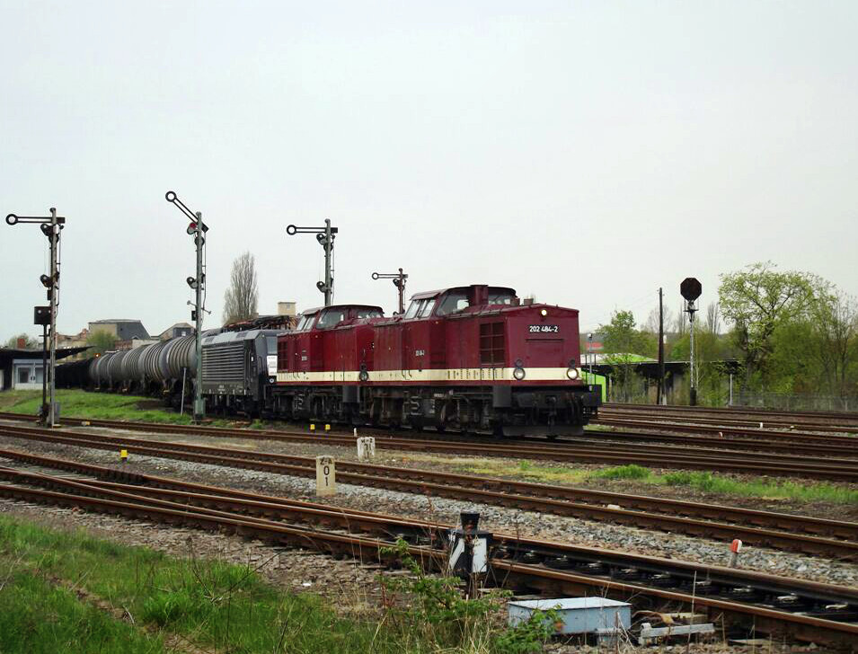 Am 30.04.2013 bespannten die LEG 202 484-2 + 202 703-5 den DGS 88701 von Gera Gbf nach Hamburg Hohe Schaar. Die LEG ES 64 F4-008 (angemietet von MRCE) wurde abgeb�gelt bis Delitzsch mit geschleppt. Dort wurde umgespannt, die zwei 202er blieben bis Magdeburg mit am Zug. Hier die Ausfahrt in Zeitz, in Richtung Leipzig.
(Foto: Holzeisenbahner)