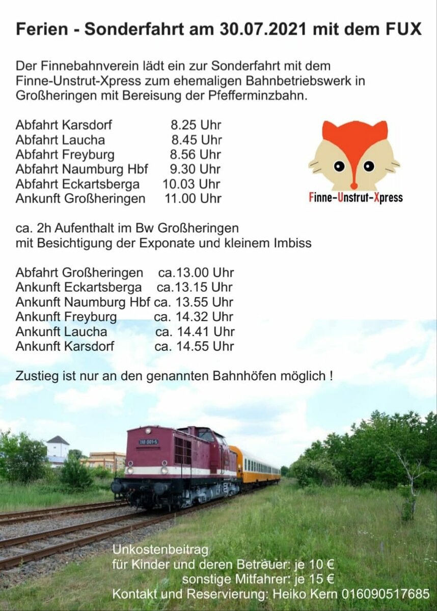 Am 30.07.2021 organisierte der Finnebahnverein ein Sonderfahrt mit der EBS 110 001-5 und 2 St�dteexpresswagen der EBS von Karsdorf �ber Eckartsberga nach Gro�heringen. Vorwiegend Ferienkinder nutzen das tolle Angebot und besuchten die Eisenbahnfreunde Gro�heringen.
