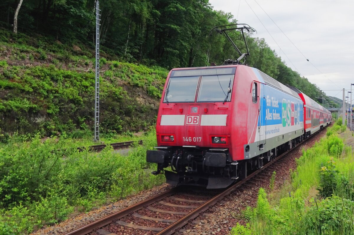 Am 9 Juni 2022 schiebt 146 017 ein S-Bahn aus Bad Schandau nach Dresden.