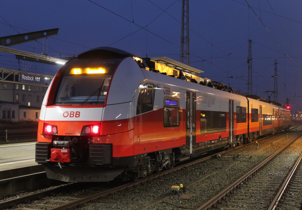 Am Morgen des 04.12.2019 stand der ÖBB Cityjet 4746 556-1 auf seiner Testfahrt von Schwerin Hbf nach Sassnitz im Rostocker Hbf.