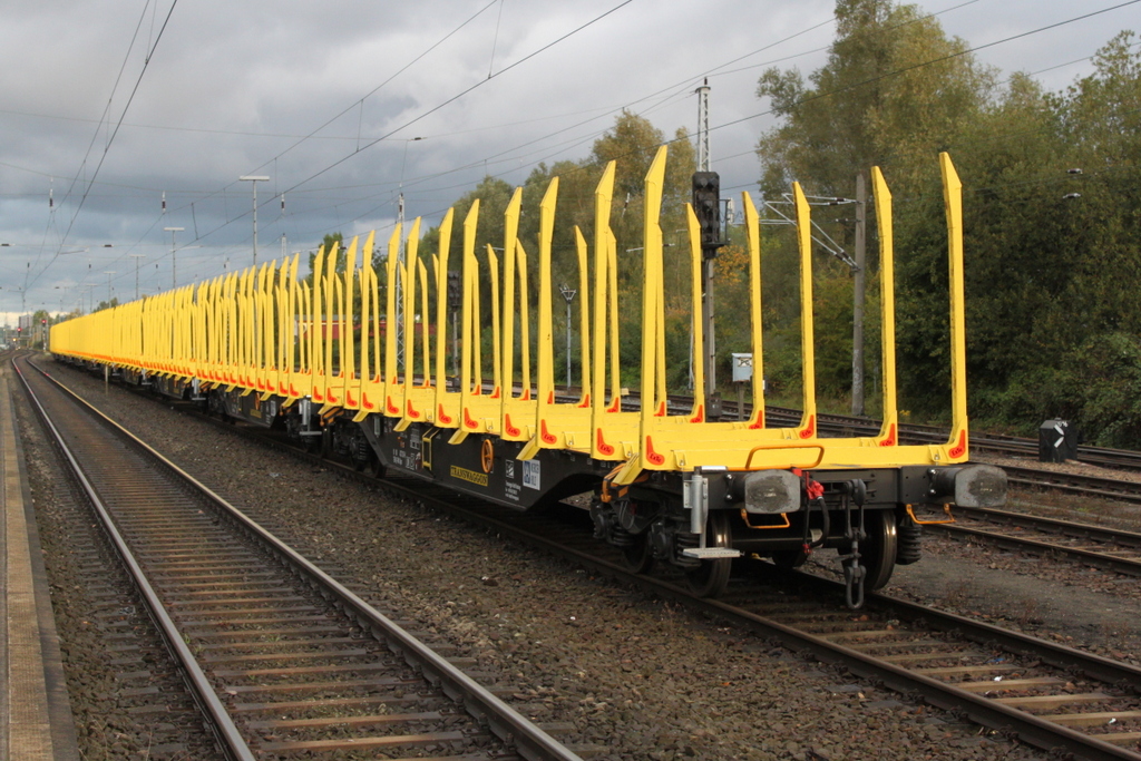 Am Morgen des 08.10.2016 stand der Holz-Leerzug von Stendal-Niedergrne nach Rostock-Bramow im Haltepunkt Rostock-Bramow abgestellt.