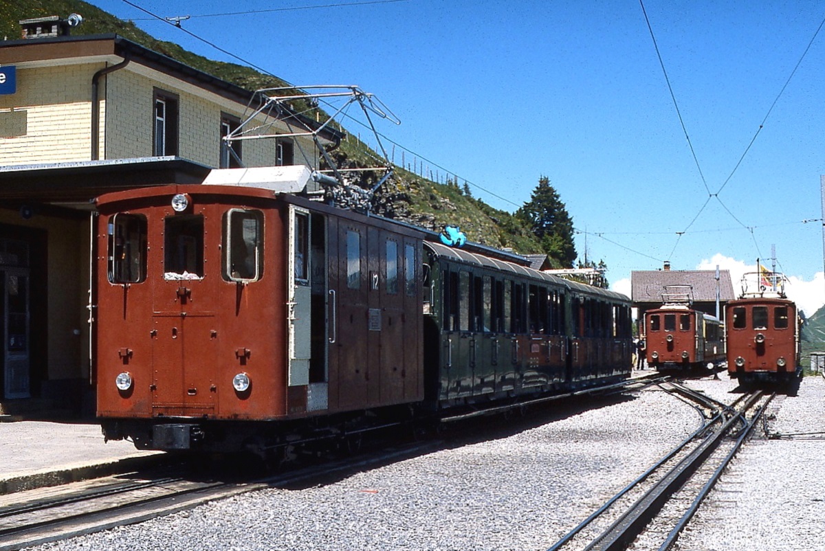 An einem sonnigen Tag im Juni 1990 stehen He 2/2 12 und zwei weitere He 2/2 in der Bergstation der Schynige Platte-Bahn