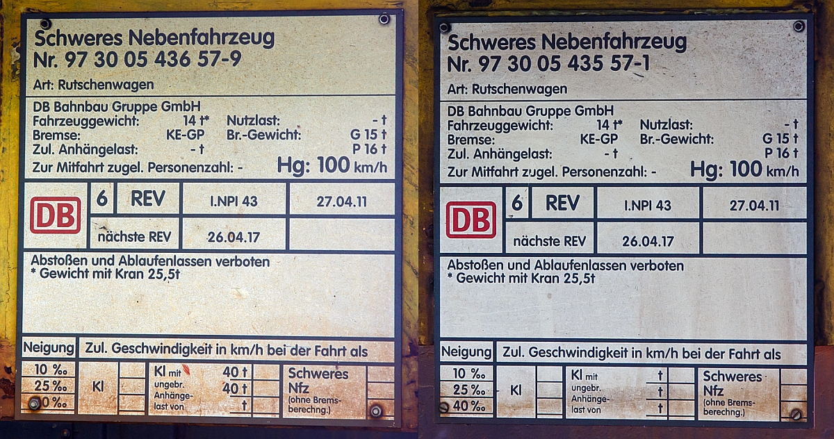 
Anschriftentafeln der beiden Rutschenwagen (Schweres Nebenfahrzeug Nr. 97 30 054 3 657-9 und 97 30 054 3 557-1) der DB Bahnbau Gruppe sind am 29.05.2016 in Betzdorf/Sieg abgestellt. 