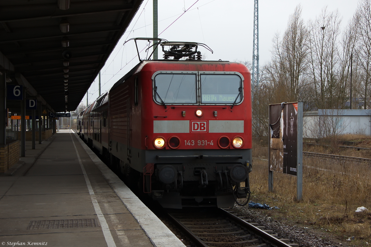 Auch im Jahr 2015 gibt es 143er im Bahnhof Berlin-Schönefeld Flughafen zu sehen. Hier was es 143 931-4 mit der RB14 (RB 18920) von Berlin-Schönefeld Flughafen nach Nauen gewesen. 15.01.2015