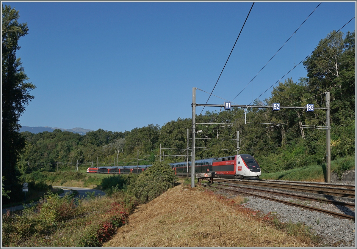 Auf einer Karte habe ich entdeckt, dass es von La Plaine (Schweiz) nach Pougny-Chancy (Frankreich) einen schönen Weg gibt, der zum grösstenteils der Bahnlinie folgt und dies erst noch lichttechnisch bevorzugten südlichen Seite. Und so machte ich mich auf, von La Plaine nach Pougny: Und schon nach kurzer Zeit entdeckte ich ein interessantes Motiv, den letzten Prellbock in der Schweiz, bzw. der westlichste... ebenfalls spannend, die SBB-Wechselstromfahrtleitungsanlage für 25000 Volt, 50 Hertz, die hier noch die alten SNCF Gleichstrommaste nutzt. Und damit die vielen Details gezeigt werden können, ziert der Lyria TGV 9761 von Paris Gare de Lyon nach Lausanne bestehend aus dem Rame 4717 das Bild. 6. September 2021