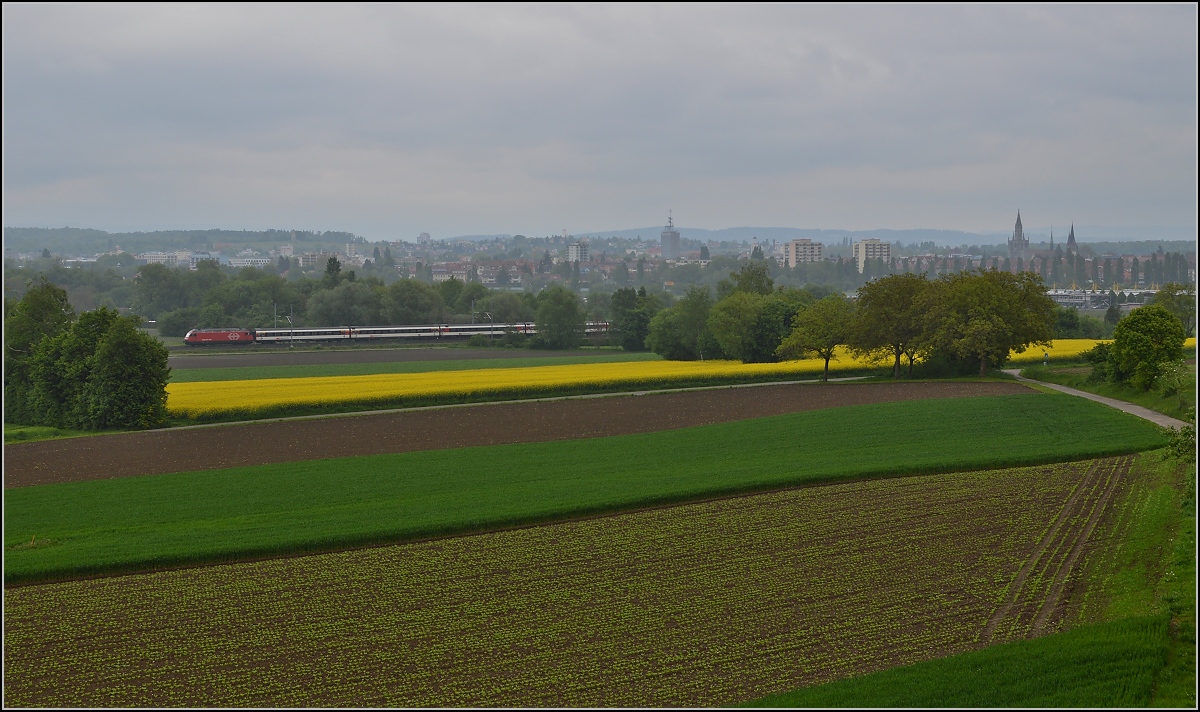 Bahn im Tägermoos - bei Sauwetter. 

IR Biel-Konstanz bei Regenwetter. Mai 2014.