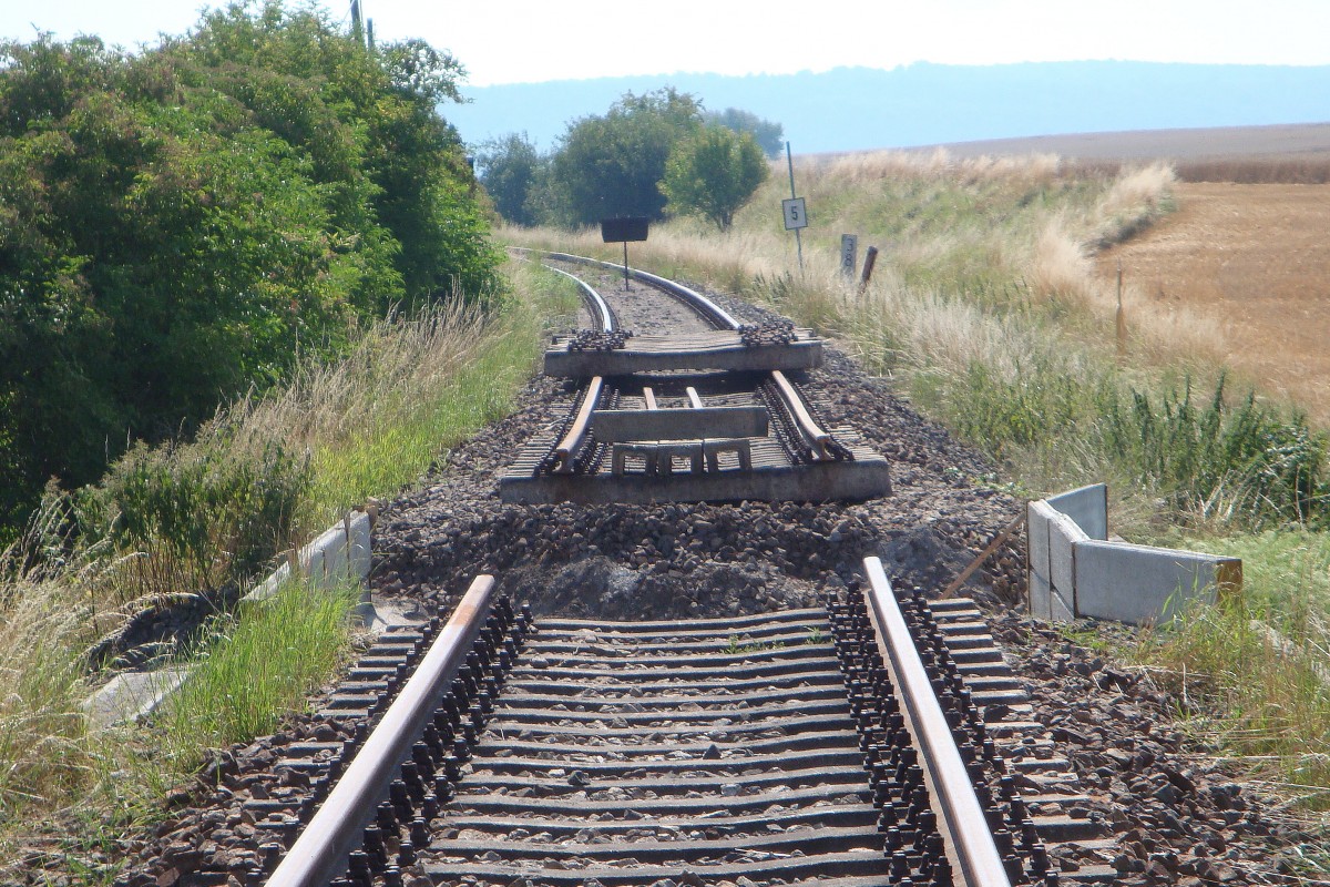 Bauarbeiten an der Eisenbahninfrastruktur am 19.07.2014 zwischen Wangen und Donndorf, um die Befahrbarkeit unserer Unstrutbahn zu erhalten.
Hauptaugenmerk ist gegenwärtig der Gleisrückbau auf einem schadhaften Brückenbauwerk auf der Landesgrenze zwischen Sachsen-Anhalt und Thüringen. Das Brückenbauwerk soll dann abgetragen und der Bahndamm verfüllt werden. Sobald dieser Mangel aufgehoben ist, können unsere Sonderfahren und auch schwere Lokomotiven und Güterzüge wieder den Thüringer Teil der Unstrutbahn passieren. (Foto: Günther Göbel)