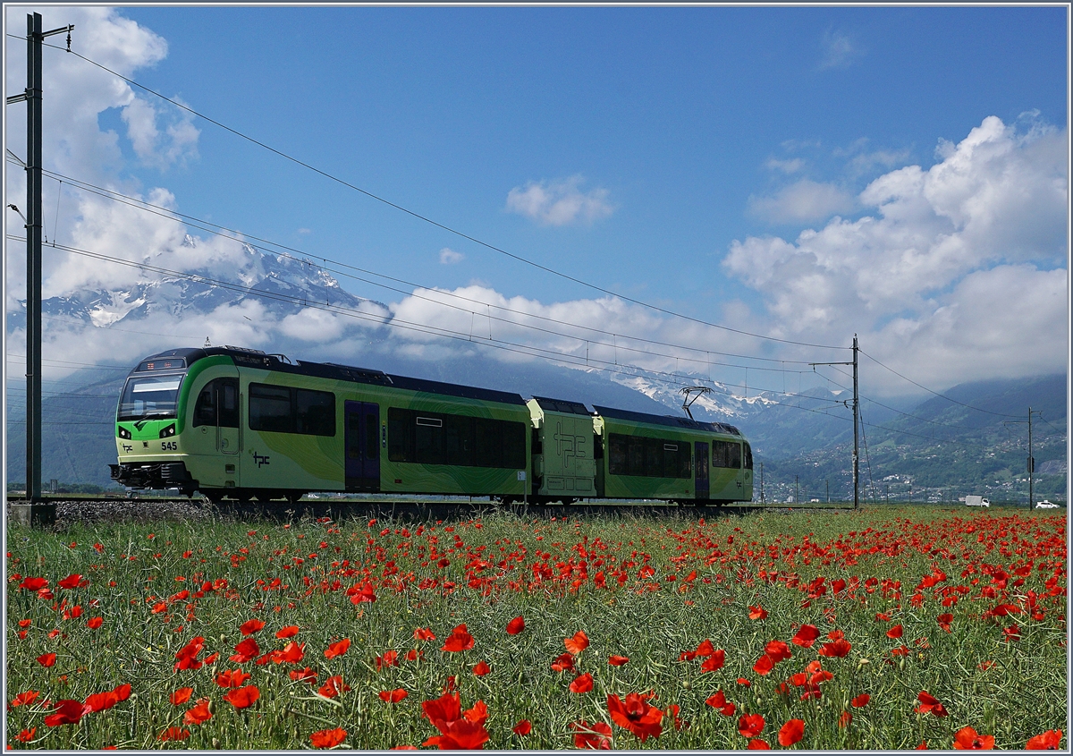 Bei der relativen Seltenheit von Mohnblumen Felder freut man sich, wenn eines gerade neben einer Eisenbahnstrecke liegt. Das Bild zeigt den TPC SURF Beh 2/6 545 auf der Fahrt nach Aigle kurz vor Villy.
24. Mai 2018