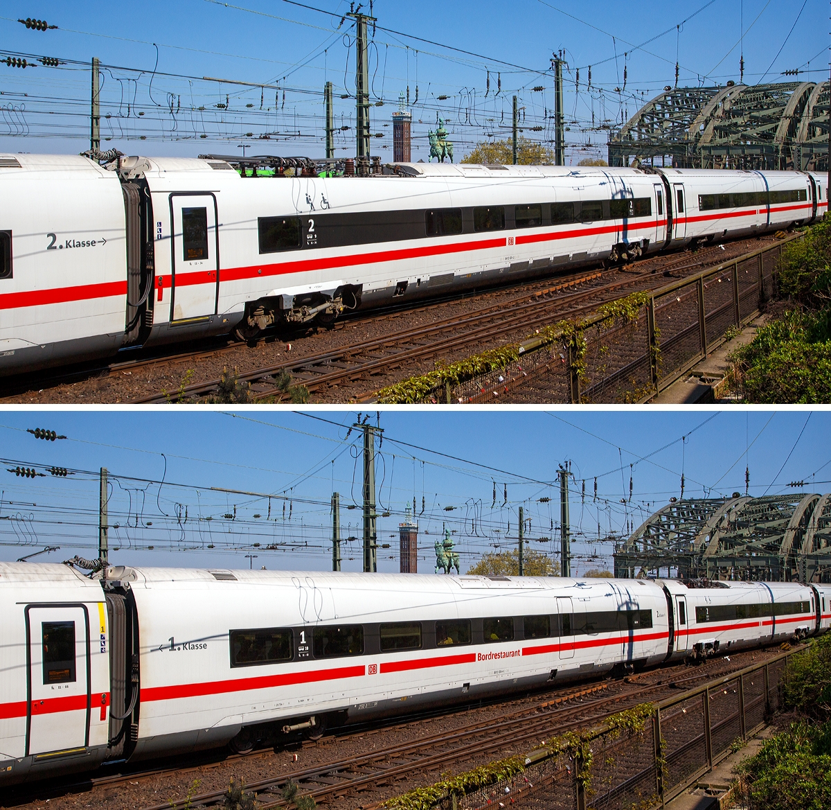 
Bild 5:
Als ICE 610 von München Hbf nach Dortmund Hbf, verlässt der zwölfteilige (Konfiguration K3s) ICE4 Triebzug (Tz) 9004 (93 80 5812 004-0 D-DB ff.) am 21.04.2019 den Hauptbahnhof Köln.

Oben:
Wagen-Nr. 9 – Bpmbsz angetriebener 2. Klasse Mittelwagen (Powercar) als Servicewagen mit Stromabnehmern 93 80 6412 004-2 D-DB. Der Servicewagen enthält Kleinkindabteil, Familienbereich, Rollstuhlbereich und Diensträume für das Bordpersonal.
Unten:
Wagen-Nr. 10 – ARmz antriebsloser 1. Klasse / Bordrestaurant Mittelwagen 93 80 9812 004-2 D-DB.
