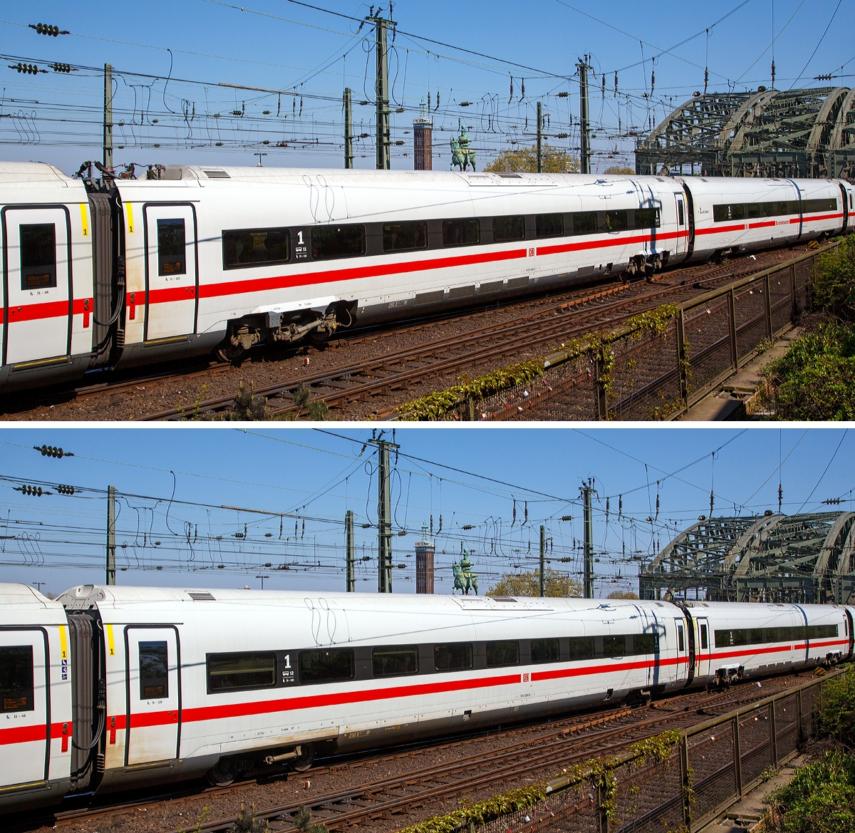 
Bild 6:
Als ICE 610 von München Hbf nach Dortmund Hbf, verlässt der zwölfteilige (Konfiguration K3s) ICE4 Triebzug (Tz) 9004 (93 80 5812 004-0 D-DB ff.) am 21.04.2019 den Hauptbahnhof Köln.

Oben:
Wagen-Nr. 11 – Apmz angetriebener 1. Klasse Mittelwagen (Powercar) 93 80 1412 004-3 D-DB.
Unten:
Wagen-Nr. 12 – Apmz antriebsloser 1. Klasse Mittelwagen mit 93 80 1812 004-9 D-DB.
