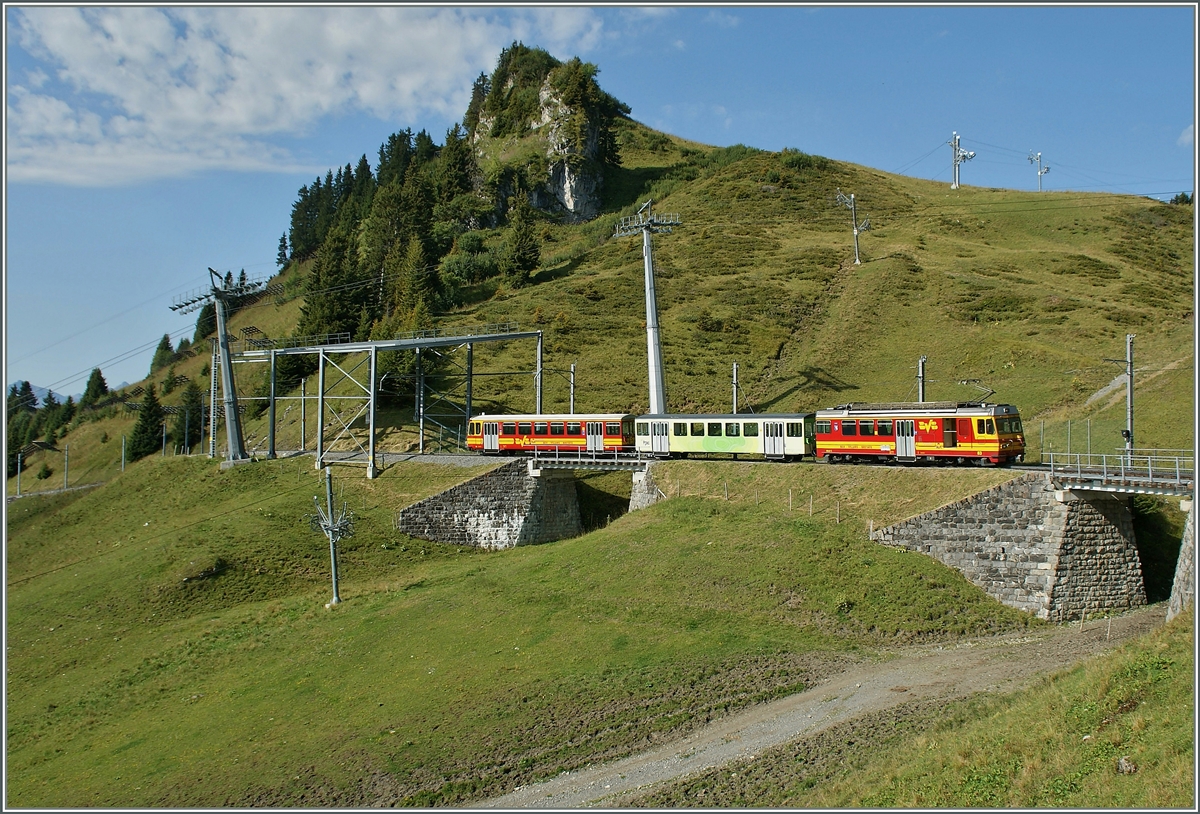 Blick vom Col de Bretaye zum talwärts fahrenden BVB Regioanalzug. 
18. Aug. 2011