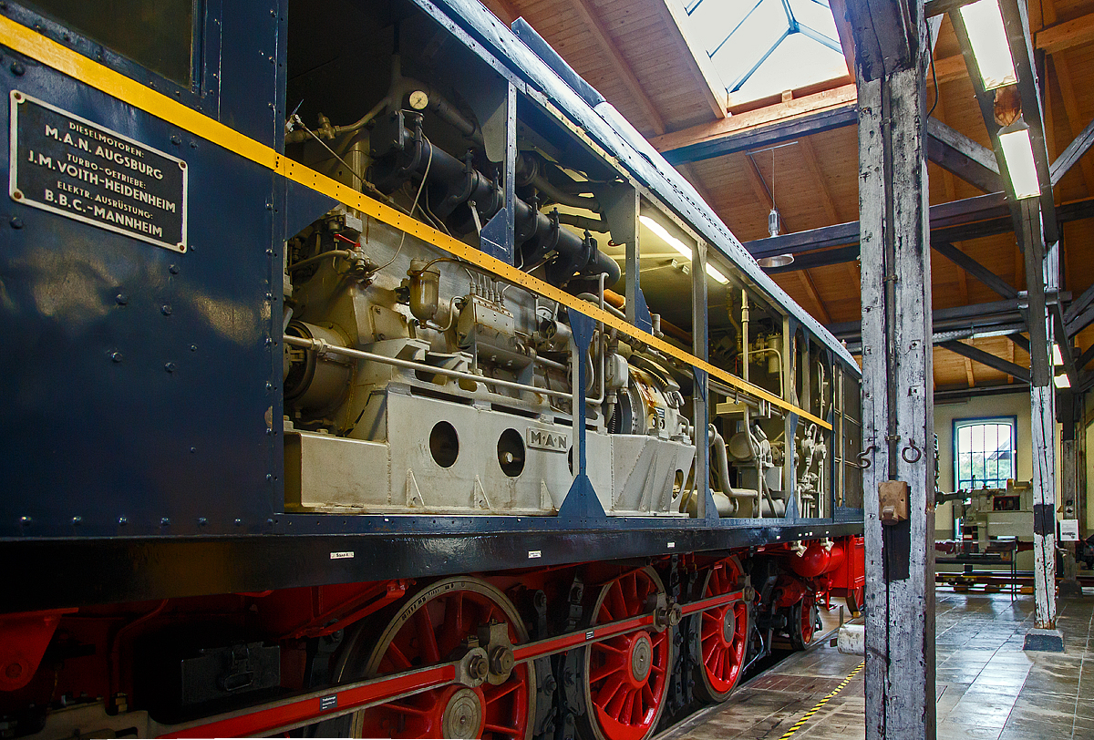 Blick in den Maschinenraum der ex DB/DR V 140 00, ex  DR V 16 101, am 11.09.2022 in der Lokwelt Freilassing. Die Lok ist eine Leihgabe vom Deutschen Museum an die Lokwelt Freilassing.