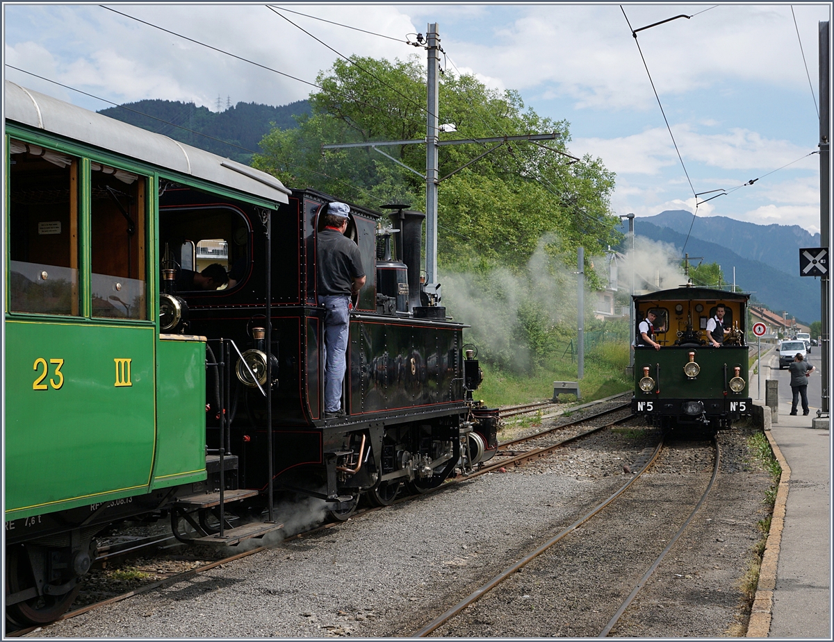 Blonay-Chamby Pfingstfestival 2017: die kleine G 3/3 6 wartet in Blonay auf den Gegenzug um dann ihre Fahrt nach Chamby in Angriff zu nehmen. 
3. Juni 2017
