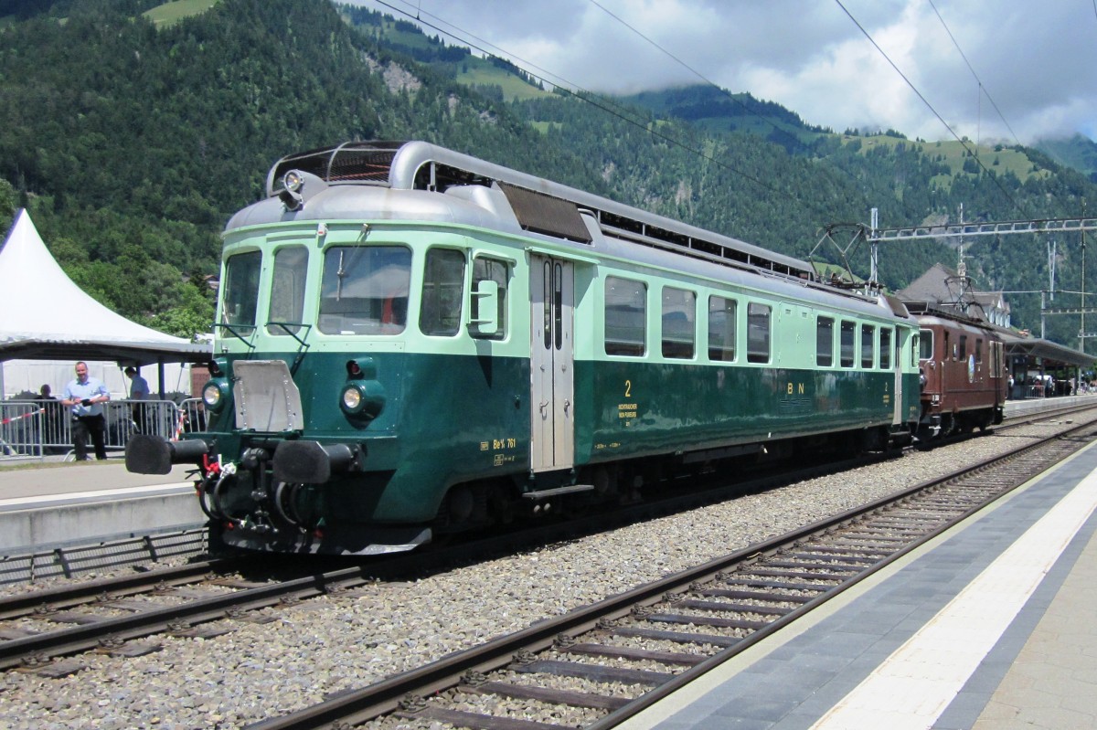 BN (Teil des BLS-Konzerns) 761 war während das Bahnhofsfest  100 Jahre BLS 1913-2013  in Frutigen am sehr sonnigen 30.Juni 2013.