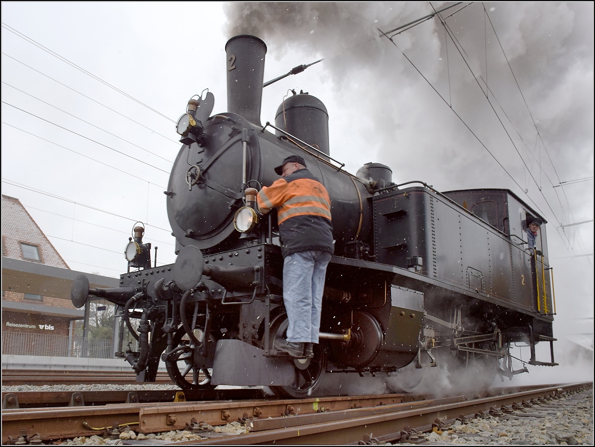 Dampflok Ed 3/4 Nr. 2 der Solothurn-Münster-Bahn in Huttwil. Bereitstellung in Huttwil. Februar 2018.