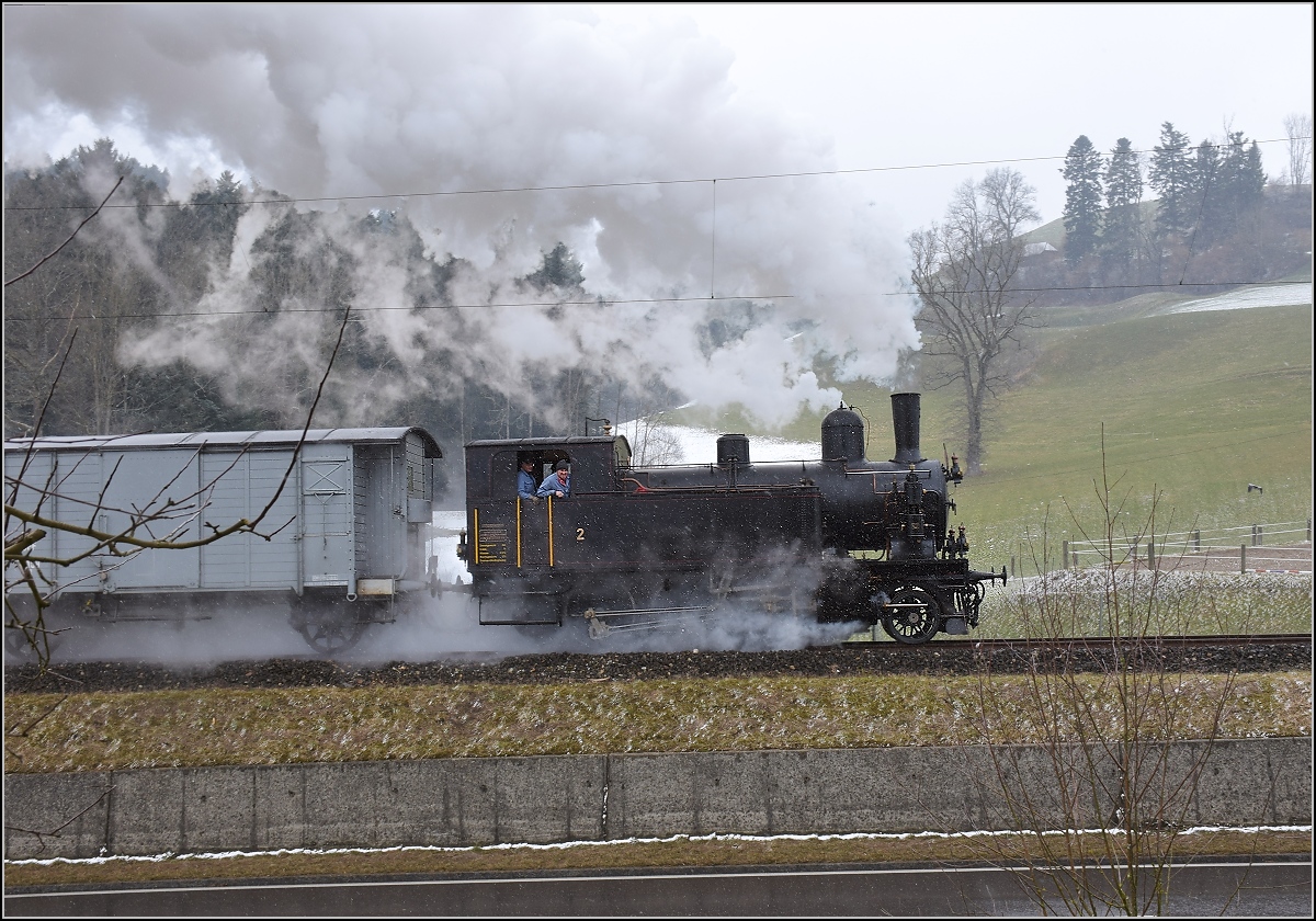 Dampflok Ed 3/4 Nr. 2 der Solothurn-Münster-Bahn bei Tannenneuhaus. Betreut wird die Lok durch den Verein historische Emmentalbahn. Mit im Gepäck hat sie zwei vierachsige Leichtstahlplattformwagen und einen K2. Februar 2018.