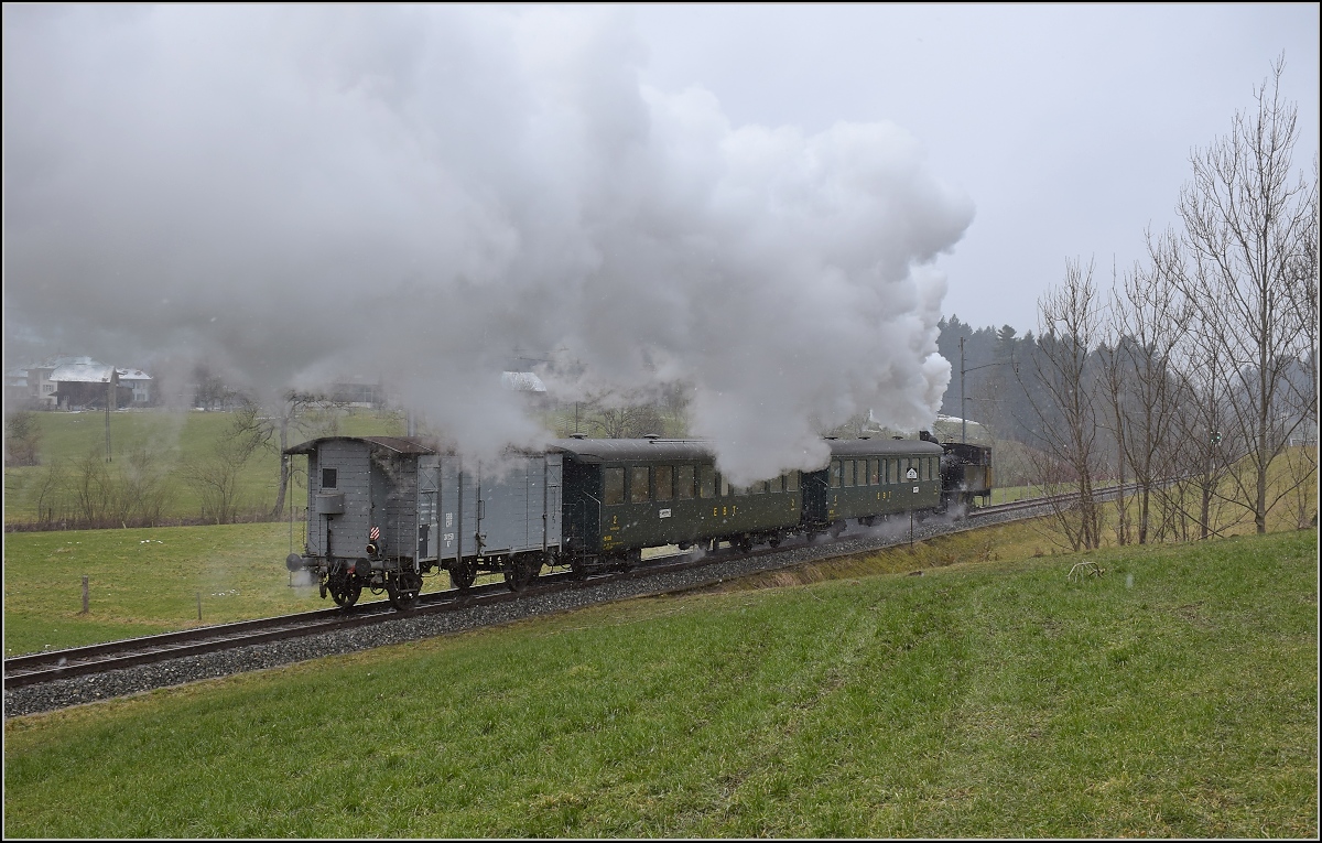 Dampflok Ed 3/4 Nr. 2 der Solothurn-Münster-Bahn bei Mussachen. Betreut wird die Lok durch den Verein historische Emmentalbahn. Mit im Gepäck hat sie zwei vierachsige Leichtstahlplattformwagen und einen K2. Februar 2018. 