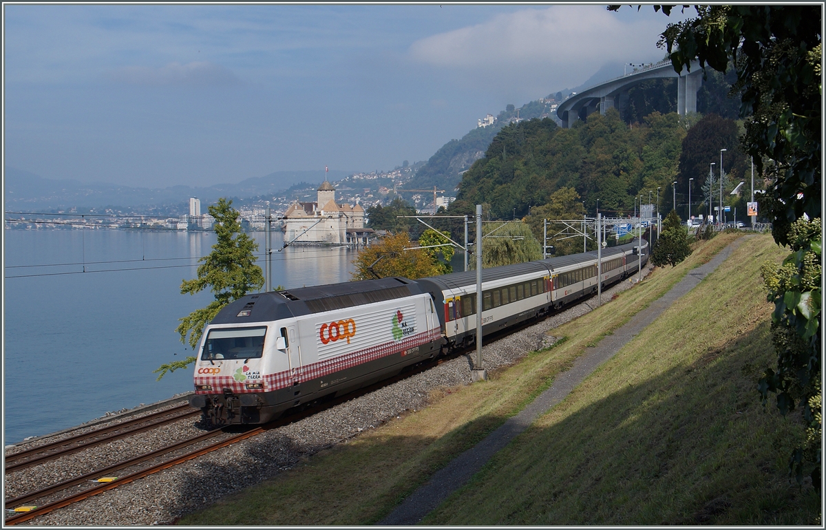 Das Tischtuch (Re 460 083-9) flattert am Château de Chillon vorbei.
2. Okt. 2015