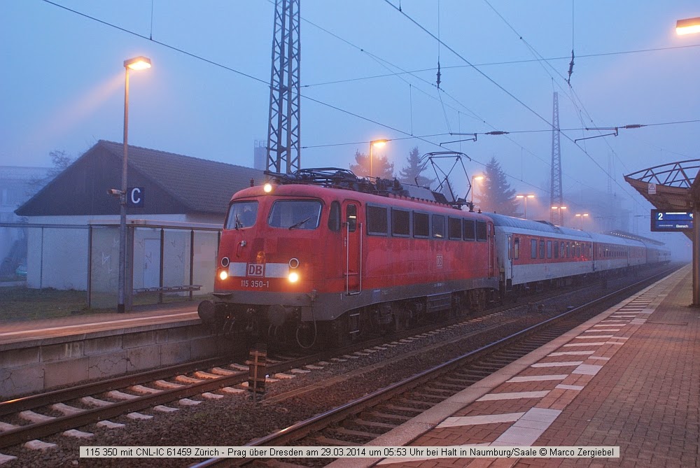 DB 115 350-1 mit dem CNL 459  CANOPUS  und dem IC 61459 von Z�rich HB und Erfurt Hbf nach Praha hl.n., am 29.03.2014 beim Halt in Naumburg Hbf. (Foto: Marco Zergiebel)