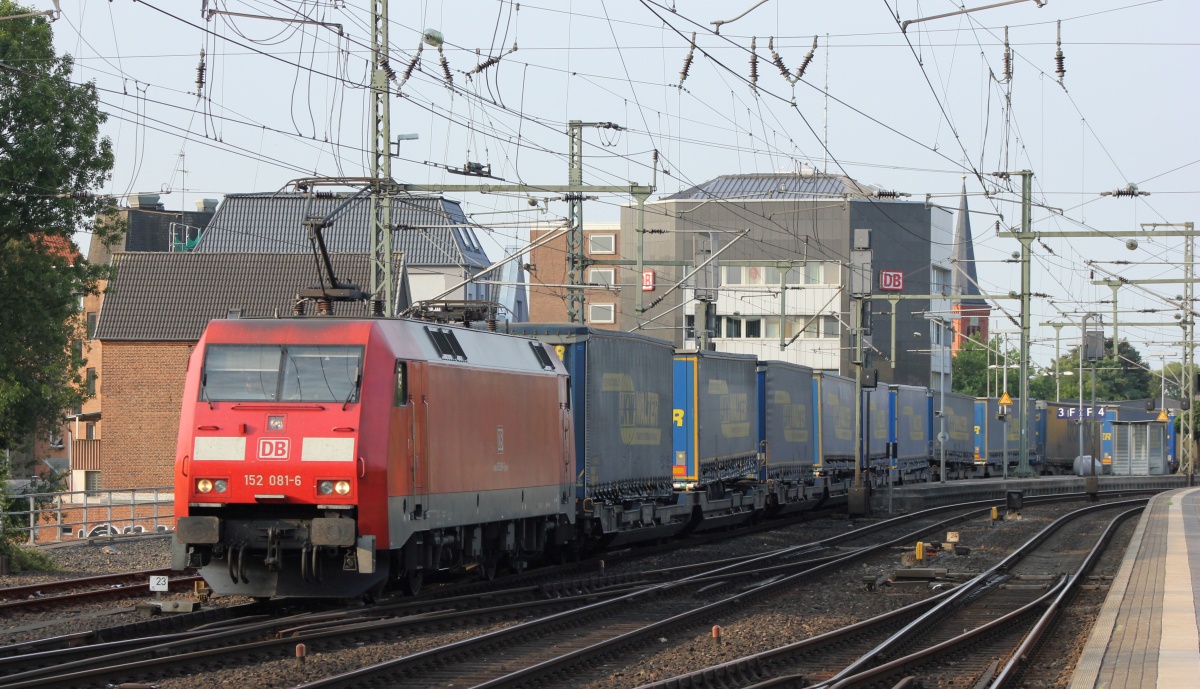 DB 152 081-6 mit LKW Walter KLV nach Kiel. NMS 21.07.2018
