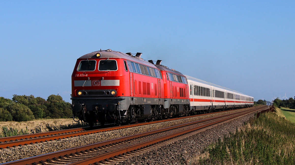 DB 218 825 + 833 mit iC 2310 nach Westerland. Wiedingharder Neuer Koog 01.09.2021