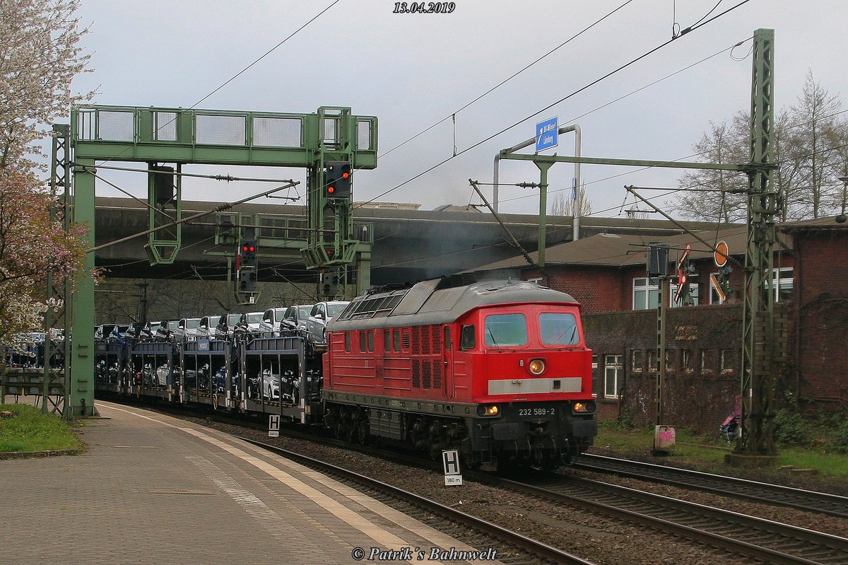 DB 232 589 mit Autotransportzug nach Cuxhaven am 13.04.2019 in Hamburg-Harburg