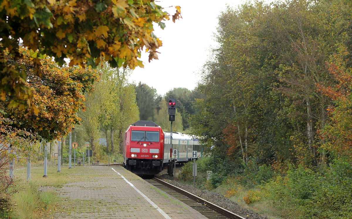 DB 245 025 hat hier mit dem RE 6 wegen eines Defektes auf Gleis 5 Einfahrt in Husum. 14.10.19