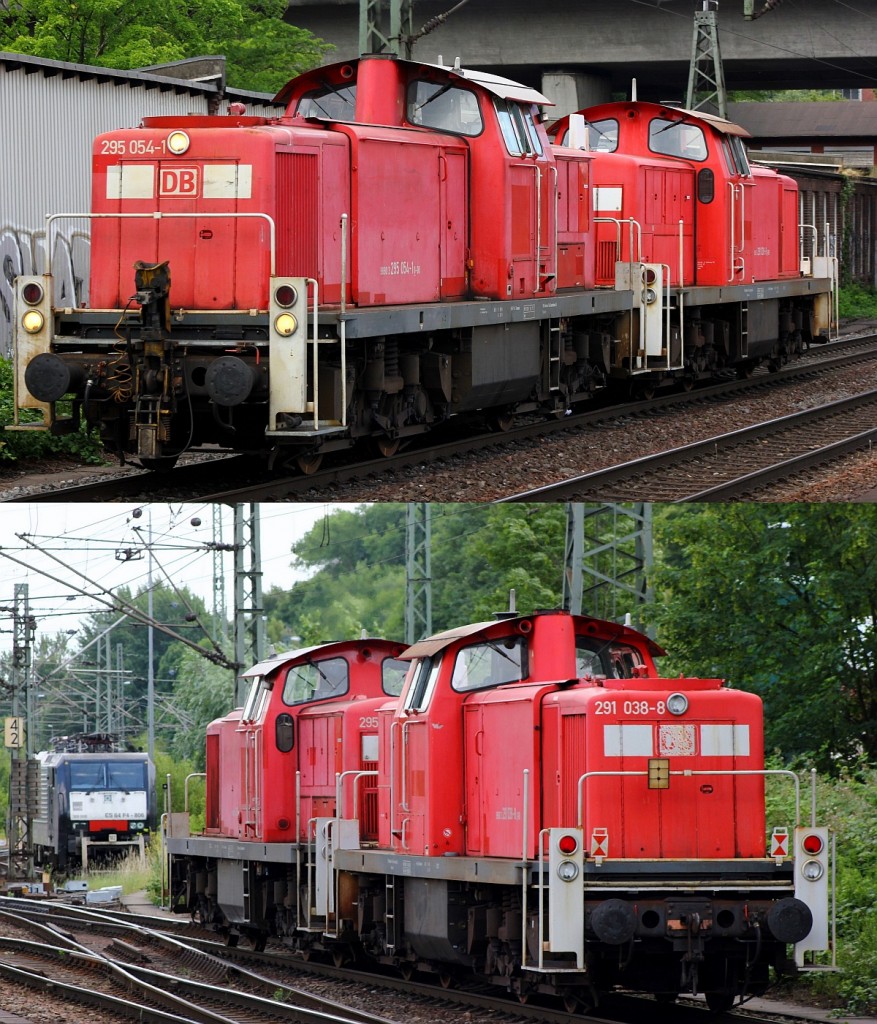 DB 3295 054-1 zieht eine der beiden letzten V90 der Reihe 291, hier die 3291 038-8 durch HH-Harburg. 06.07.2015