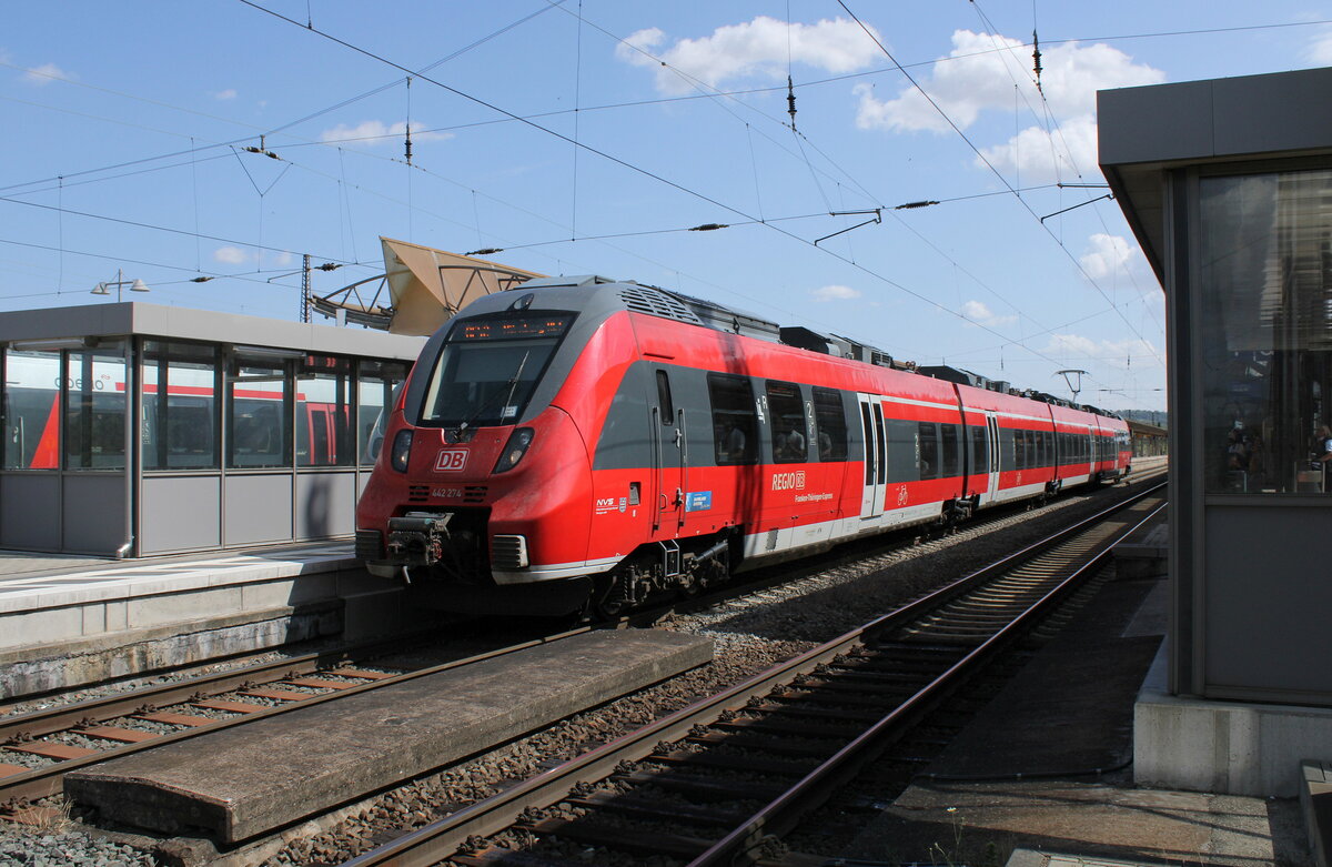 DB 442 274 als RE 4987  Franken-Thüringen-Express  von Leipzig Hbf nach Nürnberg Hbf, am 17.07.2023 in Naumburg (S) Hbf.