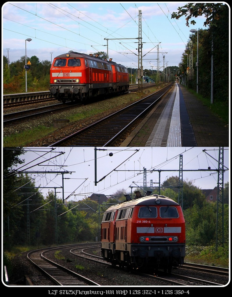 DB Fernverkehr 218 372-1 und 380-4 als LZF 87125(Flensburg-Hamburg Hbf)waren die Zugloks des CNL 1272 und rumpeln hier auf ihrem Rückweg nach Hamburg durch Schleswig. 21.09.2014