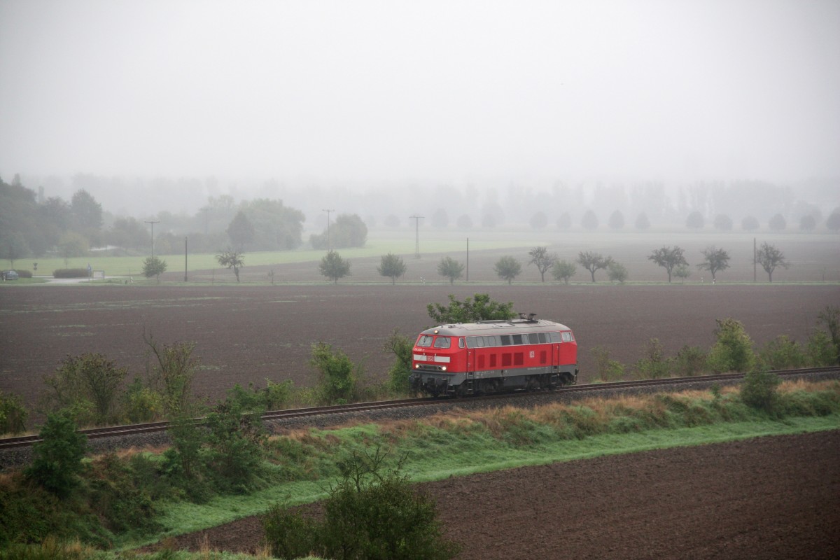 DB Services S�dost 218 208-7 als Tfzf nach Karsdorf, um im dortigen Fahrzeugwerk Flachwagen abzuholen, am 13.09.2014 bei Kleinjena. (Foto: Jens-Peter Ruske)