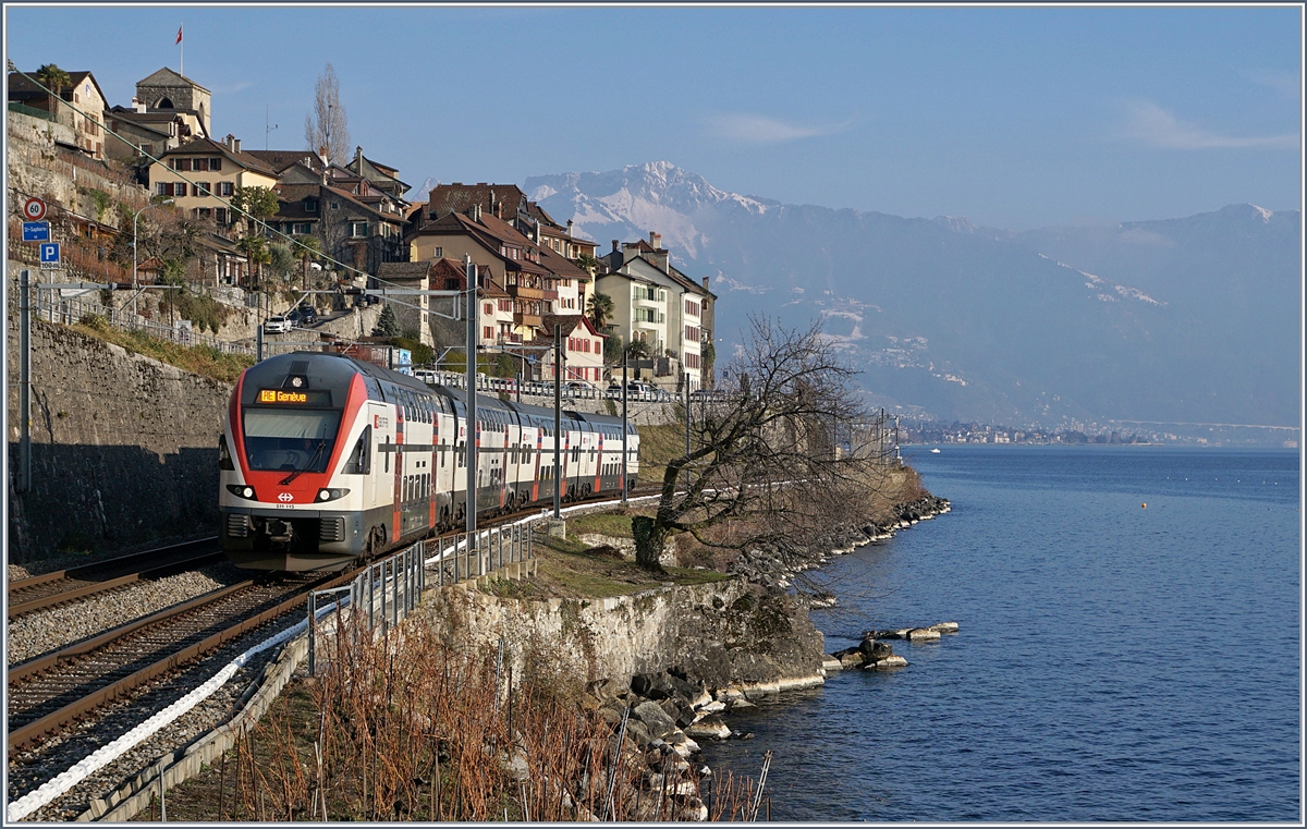 De SBB RABe 511 115 als RE nach Genève bei St-Saphorin.
25. Jan. 2019