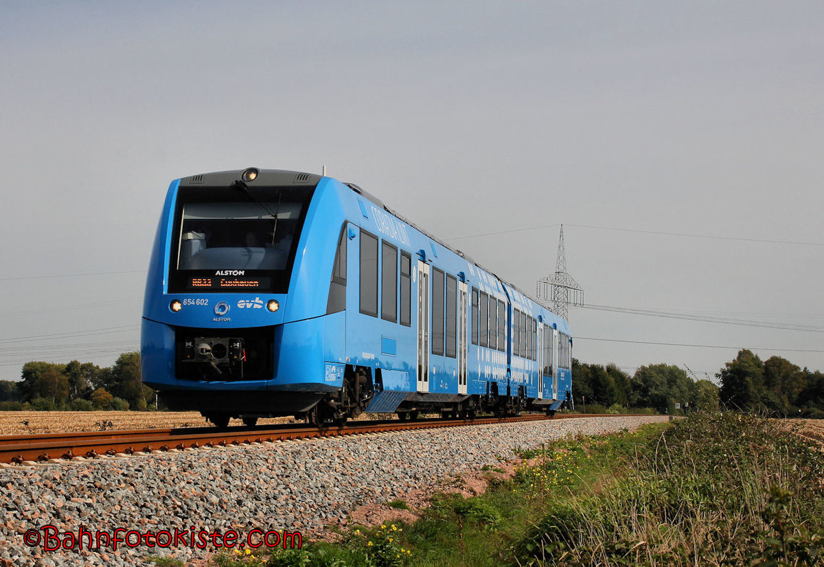 Den ersten Arbeitstag im Personen Nahverkehr bei den Eisenbahnen und Verkehrsbetriebe Elbe-Weser GmbH auf der KBS 122 kommt der Alstom ILint 654 102 am 17.09.2018 durch Klein Aspe Auf dem Hollen im Kreis Stade, mit Bahnhof Buxtehude.