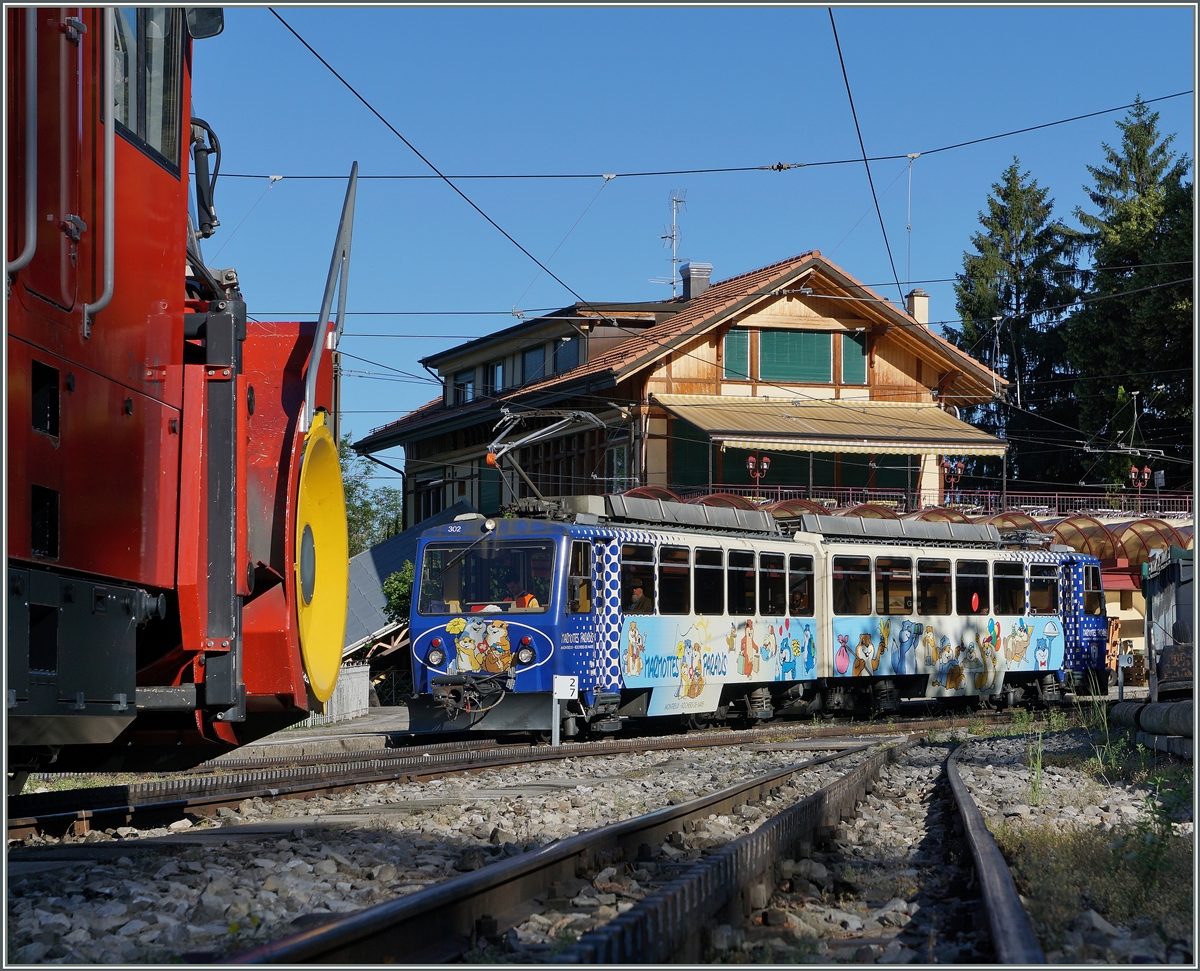 Der Beh 4/8 302 auf der Fahrt von Caux nach Montreux beim Halt in Glion.
3. Juli 2016