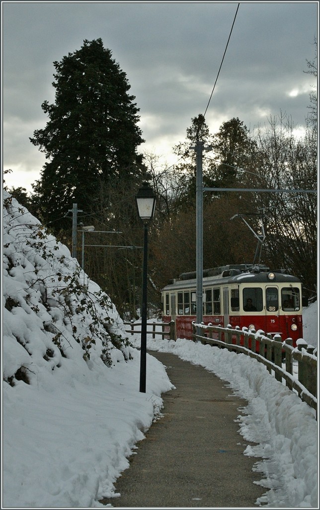 Der CEV BDeh 2/4 N 75 ind er verschneiten Landschaft zwischen Blonay und St-Legier. 
13. Dez. 2013