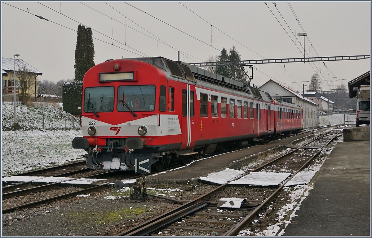 Der CJ Pendelzug RBDe 4/4 I 222 mit ABt in Bonfol. 
11. Jan. 2019