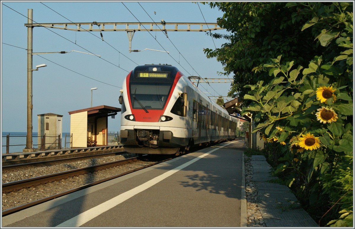 Der Flirt 523 025 als S 1 nach Villeneuve beim Halt in St Saphorin.
31. August 2013