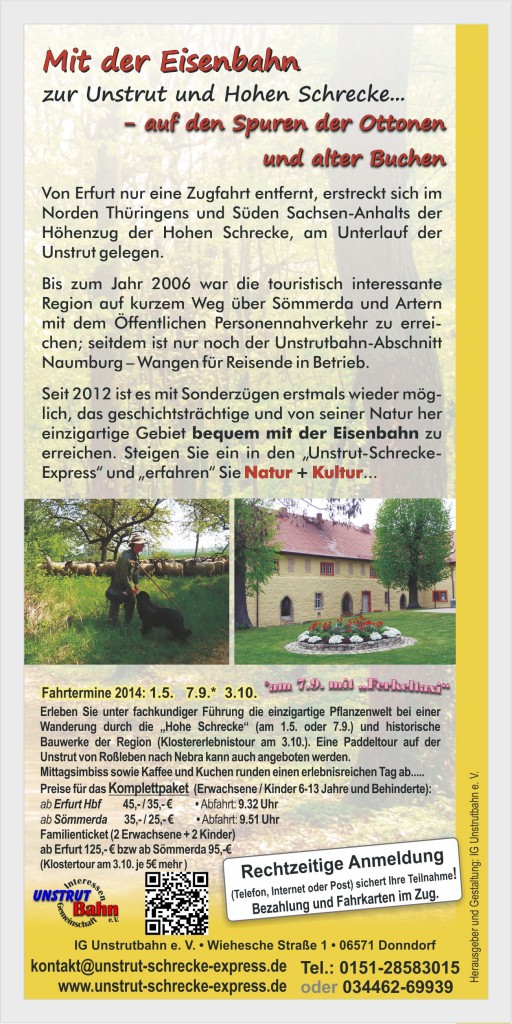 Der Flyer f�r den Unstrut-Schrecke-Express 2014, R�ckseite.