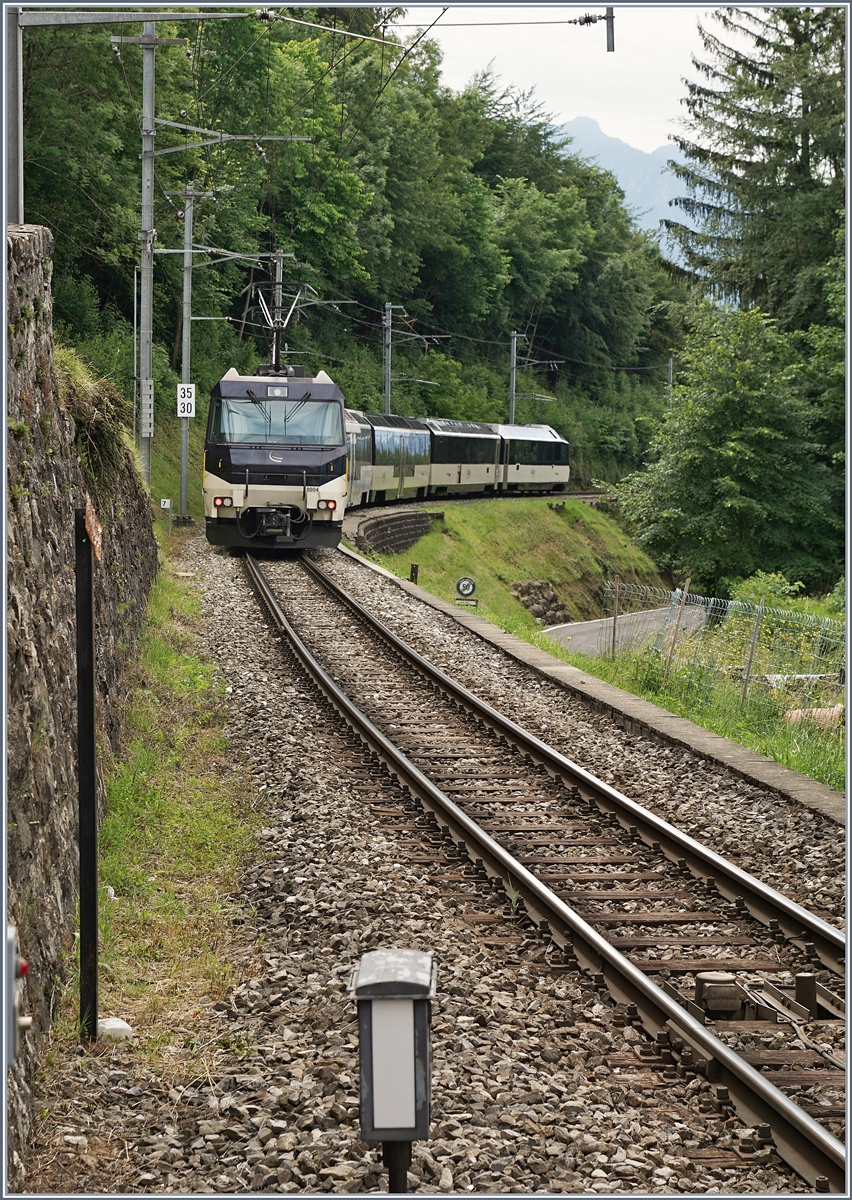 Der Gegenzug mit der Ge 4/4 8004 am Zugsschluss hat den Bahnhof von Chamby verlassen und fàhrt nun in Richtung Montreux.

13. Juni 2020