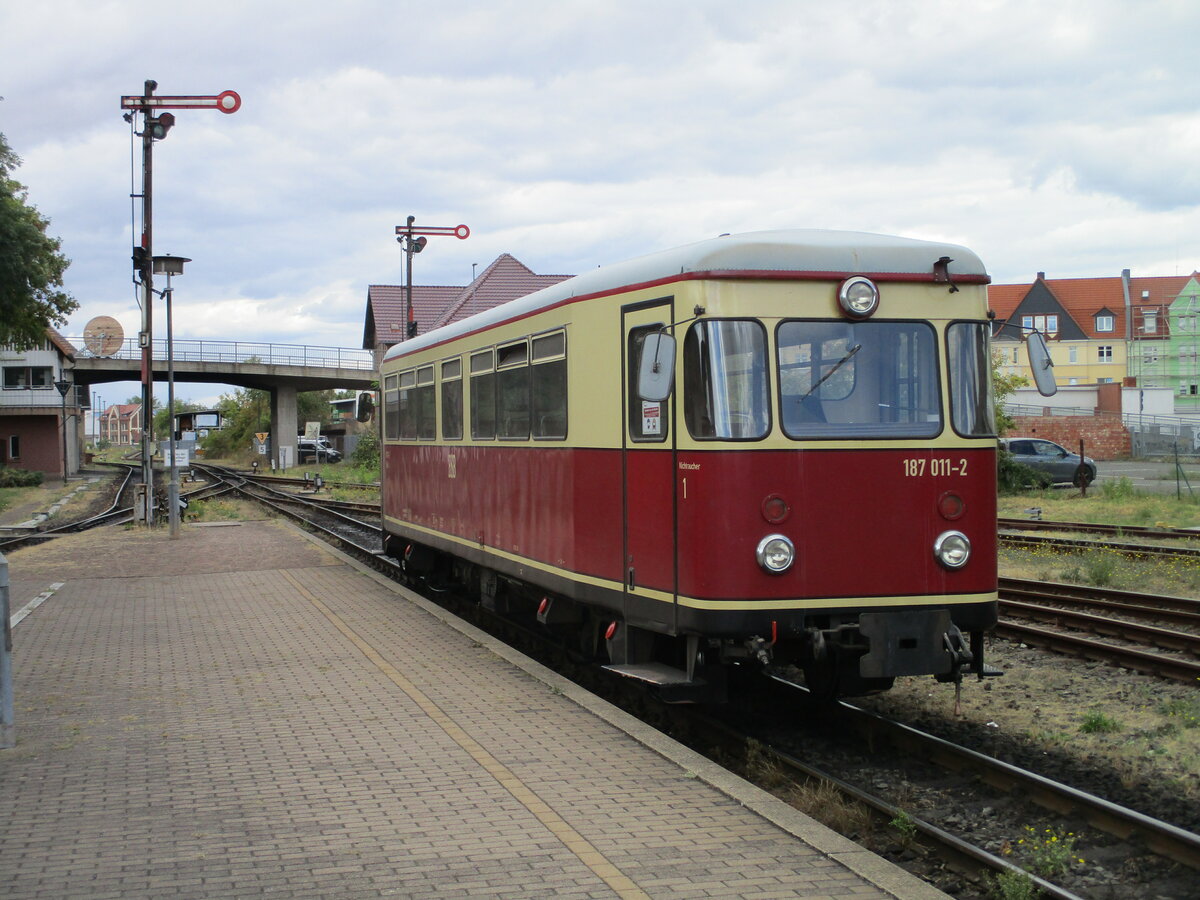 Der HSB 187 011,am 01.September 2022,im Schmalspurbahnhof Nordhausen Nord.